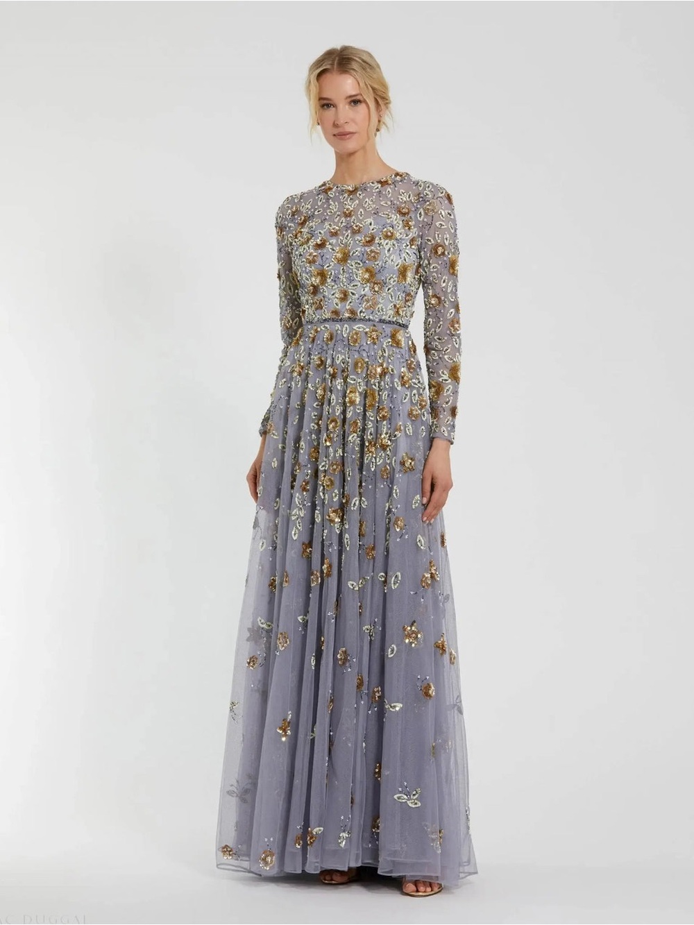 MAC DUGGAL Platinum Embellished High Neck Long Sleeve A Line Gown